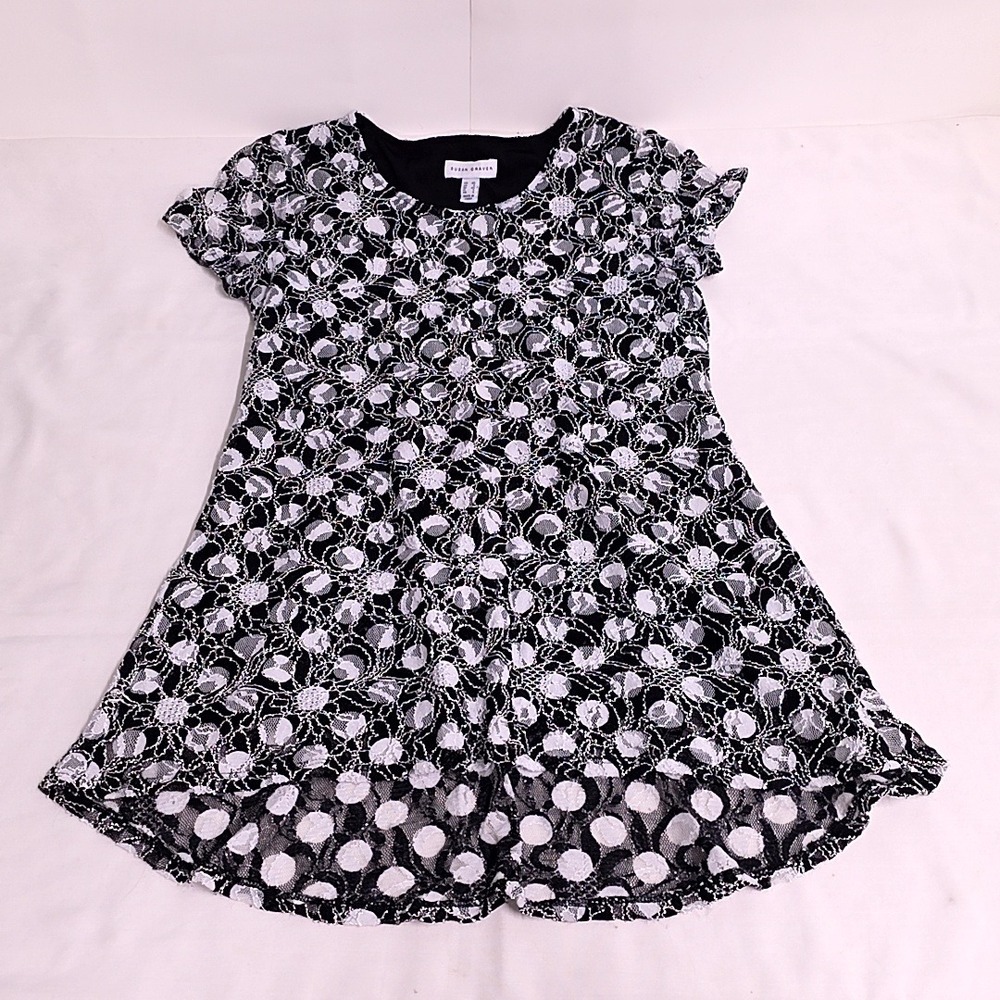 Susan Graver Lace Top Women XS Black White Floral Short Sleeve A-Line Tunic